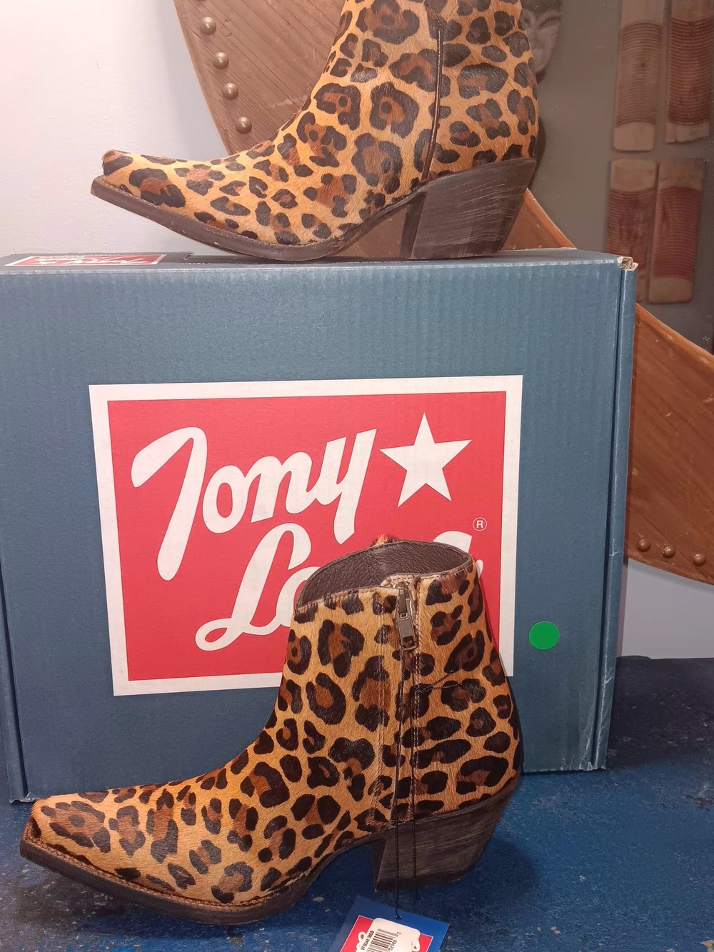 Tony Lama Leopard Print Western Ankle Boots - Brown/Tan - Picture 4 of 7